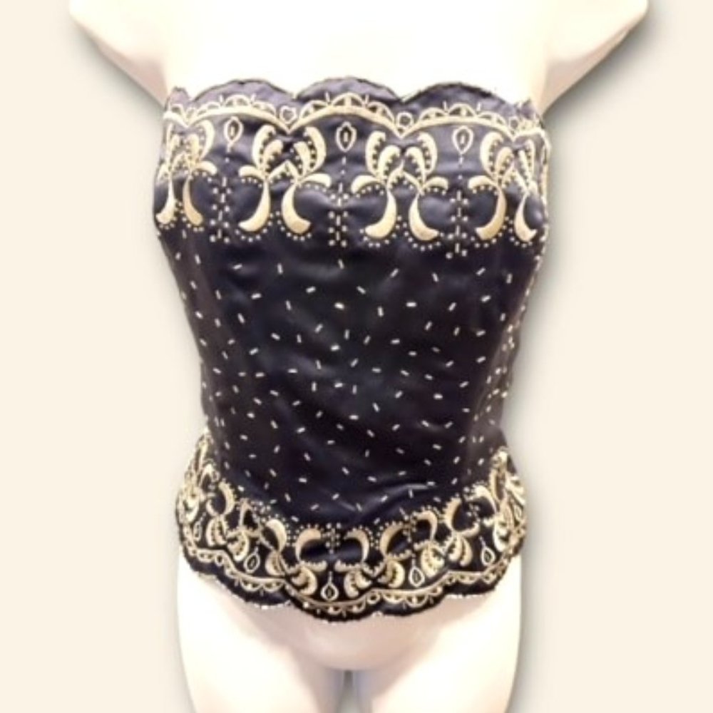 Vie by Victoria Royal Beaded Embroidered Bustier top in Royal Blue & White Sz 12